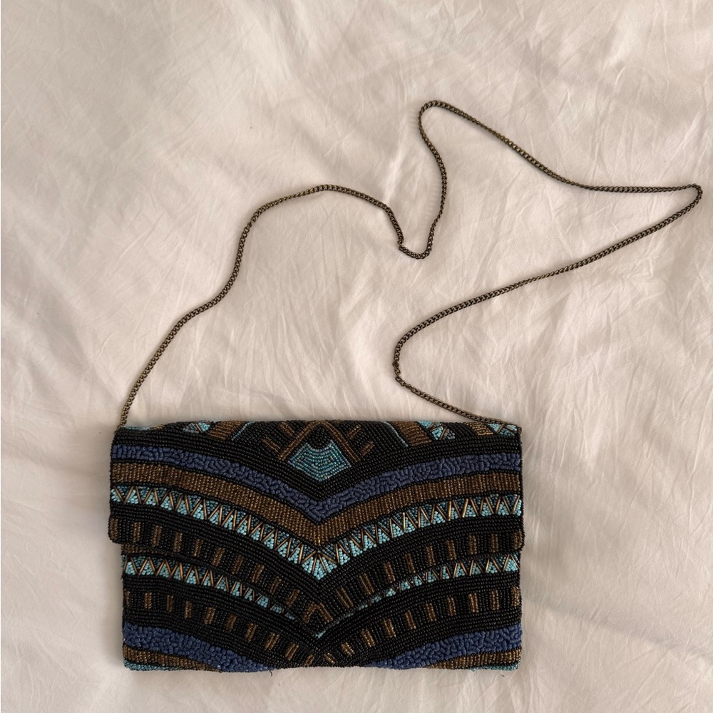 Embroidered Beaded Crossbody Clutch in Black and Teal